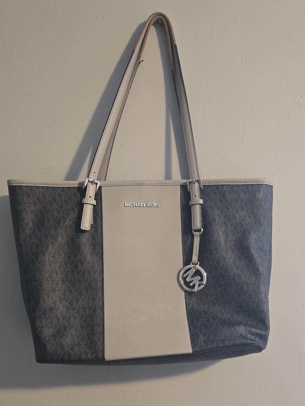 Michael Kors Black and Beige Signature Center-Stripe Tote